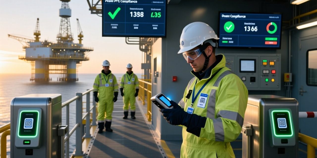 Professional industrial scene showing RFID readers scanning PPE gear on an offshore oil rig platform with clean blue-gray color scheme