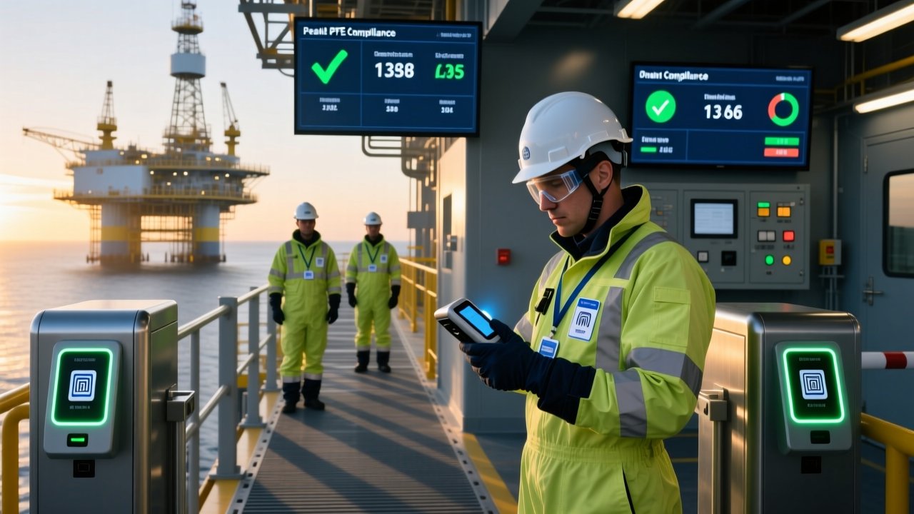 Professional industrial scene showing RFID readers scanning PPE gear on an offshore oil rig platform with clean blue-gray color scheme