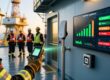 Professional industrial scene showing RFID-enabled safety gear tracking on an oil rig: UHF RFID tags on helmets and vests, handheld scanner in use, clean digital dashboard display