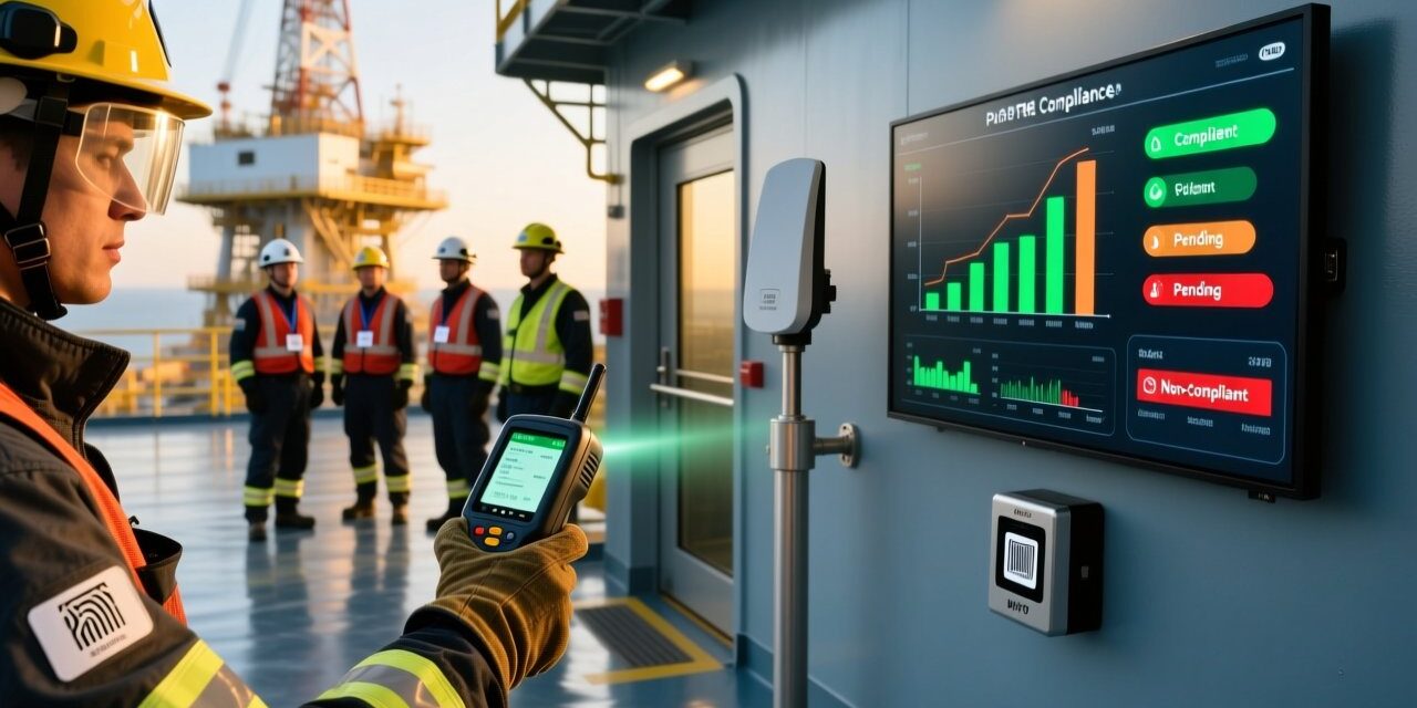 Professional industrial scene showing RFID-enabled safety gear tracking on an oil rig: UHF RFID tags on helmets and vests, handheld scanner in use, clean digital dashboard display