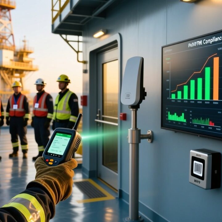 Professional industrial scene showing RFID-enabled safety gear tracking on an oil rig: UHF RFID tags on helmets and vests, handheld scanner in use, clean digital dashboard display