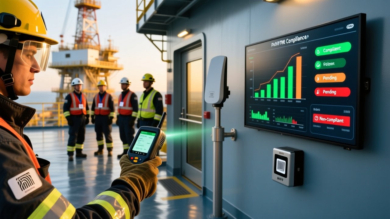 Professional industrial scene showing RFID-enabled safety gear tracking on an oil rig: UHF RFID tags on helmets and vests, handheld scanner in use, clean digital dashboard display