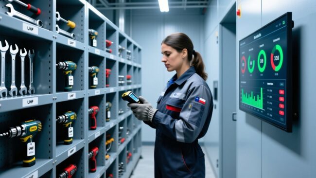 Professional industrial scene showing RFID-enabled tool tracking in a modern copper mining facility with metal shelving, UHF RFID tags on hand tools, and a handheld scanner in use
