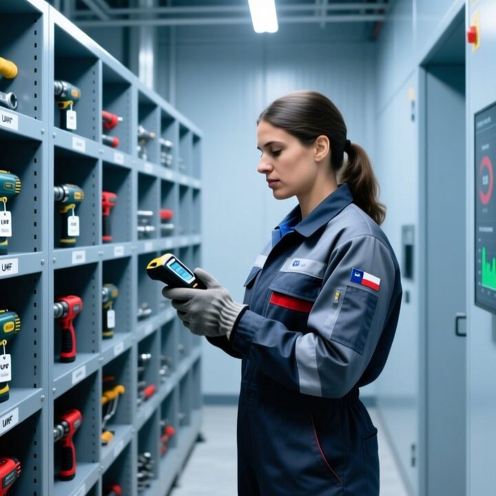 Professional industrial scene showing RFID-enabled tool tracking in a modern copper mining facility with metal shelving, UHF RFID tags on hand tools, and a handheld scanner in use