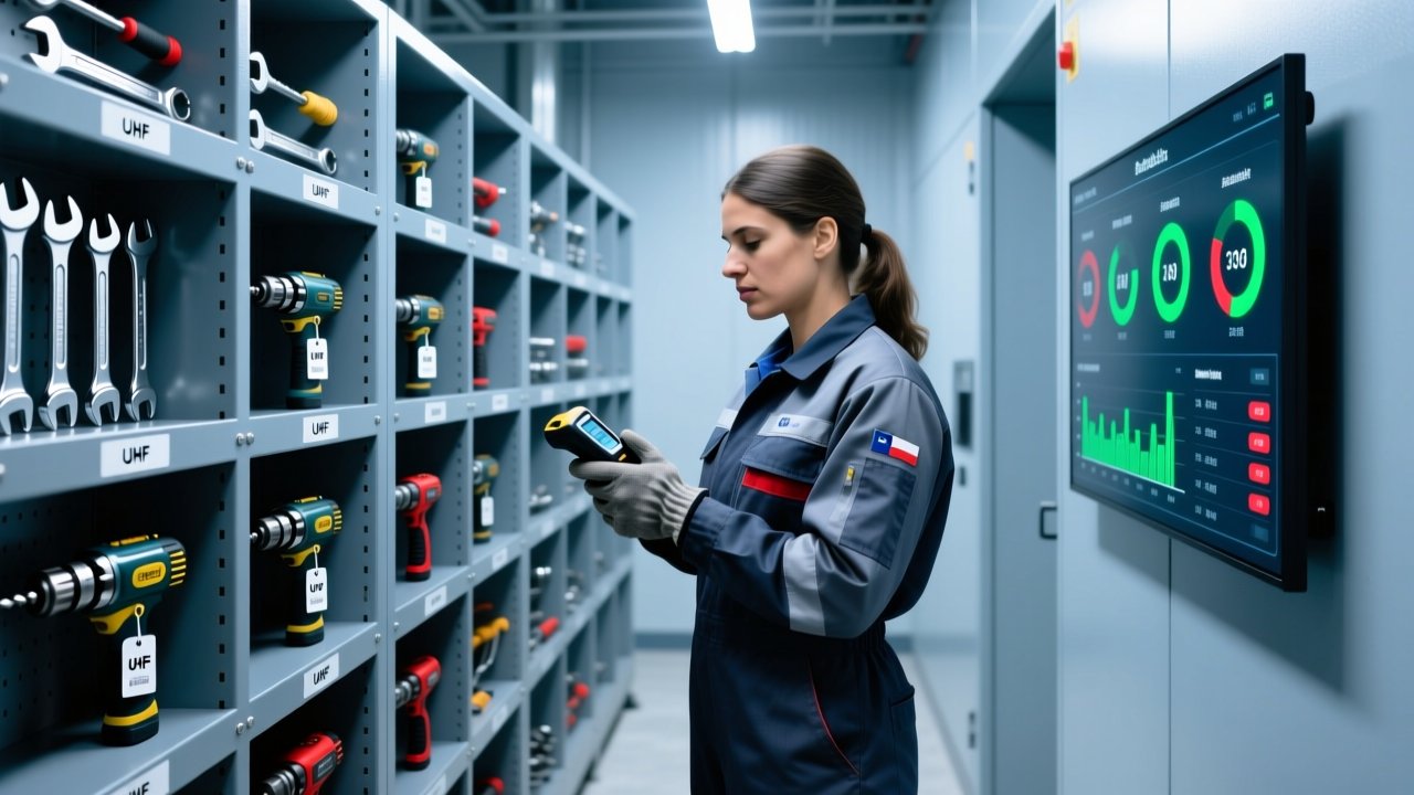 Professional industrial scene showing RFID-enabled tool tracking in a modern copper mining facility with metal shelving, UHF RFID tags on hand tools, and a handheld scanner in use