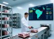 Professional warehouse scene showing RFID-enabled beef traceability: UHF tags on meat packaging, handheld scanner in use, digital dashboard displaying farm-to-retail tracking data
