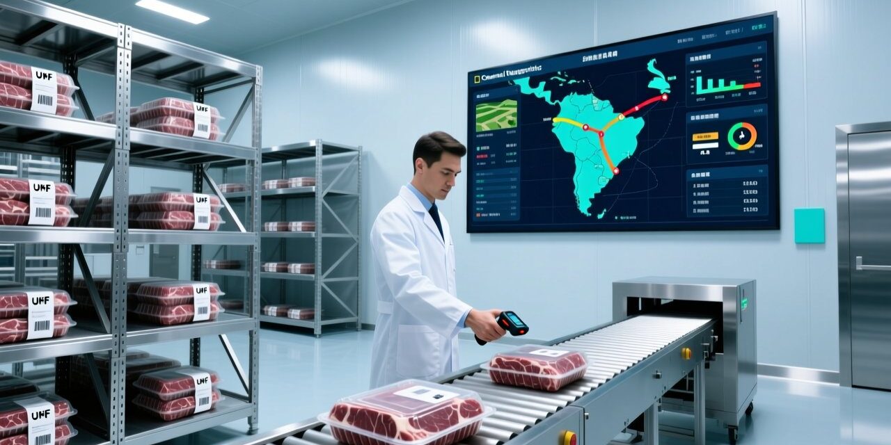 Professional warehouse scene showing RFID-enabled beef traceability: UHF tags on meat packaging, handheld scanner in use, digital dashboard displaying farm-to-retail tracking data