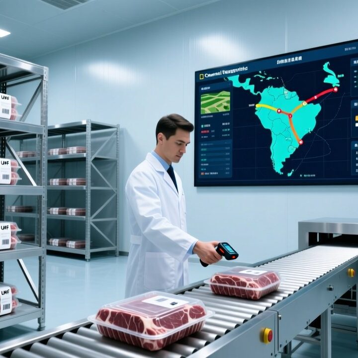 Professional warehouse scene showing RFID-enabled beef traceability: UHF tags on meat packaging, handheld scanner in use, digital dashboard displaying farm-to-retail tracking data