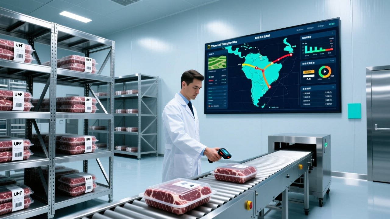 Professional warehouse scene showing RFID-enabled beef traceability: UHF tags on meat packaging, handheld scanner in use, digital dashboard displaying farm-to-retail tracking data