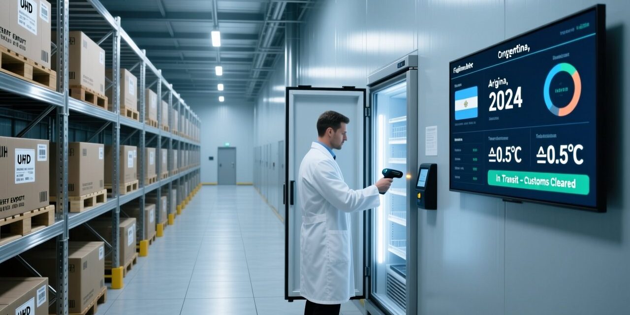 Professional warehouse scene showing RFID-enabled beef logistics: metal shelving with tagged pallets, handheld RFID scanner, and digital dashboard displaying traceability data