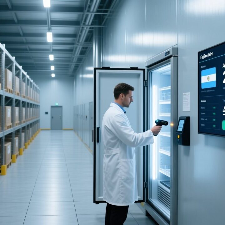 Professional warehouse scene showing RFID-enabled beef logistics: metal shelving with tagged pallets, handheld RFID scanner, and digital dashboard displaying traceability data