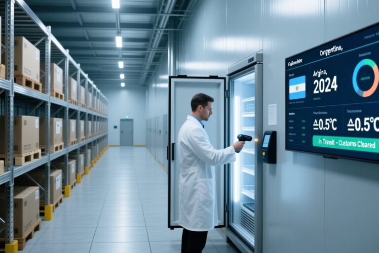 Professional warehouse scene showing RFID-enabled beef logistics: metal shelving with tagged pallets, handheld RFID scanner, and digital dashboard displaying traceability data
