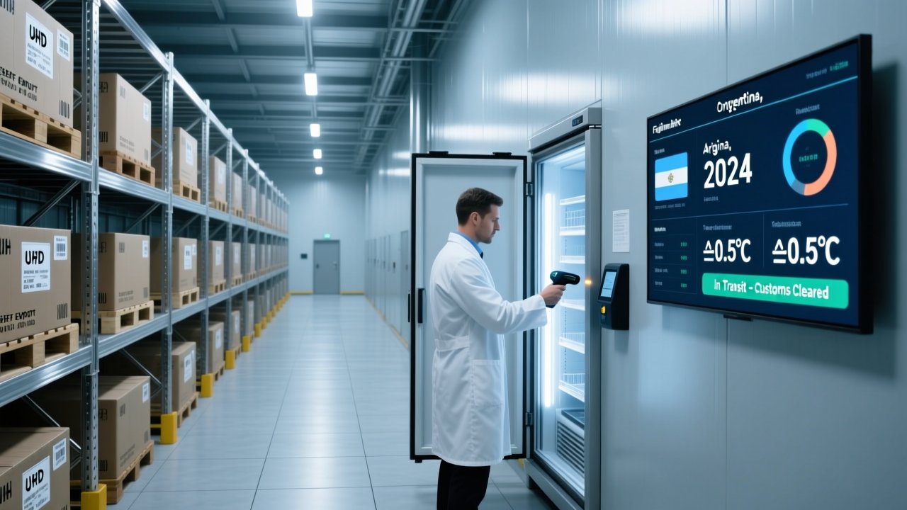 Professional warehouse scene showing RFID-enabled beef logistics: metal shelving with tagged pallets, handheld RFID scanner, and digital dashboard displaying traceability data
