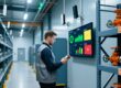 Professional warehouse scene showing RFID asset tracking: metal shelving with tagged equipment, handheld RFID scanner, and digital dashboard display