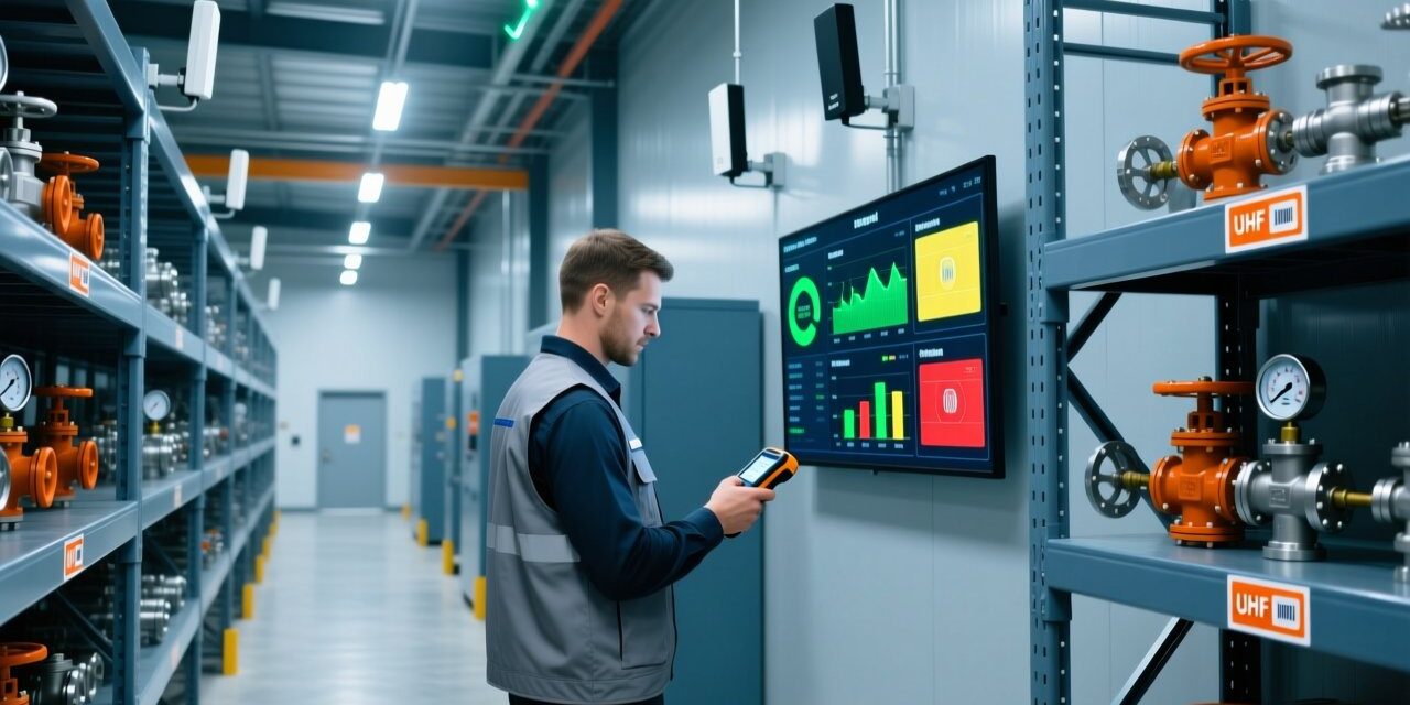 Professional warehouse scene showing RFID asset tracking: metal shelving with tagged equipment, handheld RFID scanner, and digital dashboard display
