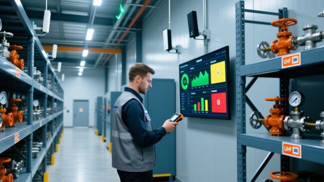 Professional warehouse scene showing RFID asset tracking: metal shelving with tagged equipment, handheld RFID scanner, and digital dashboard display