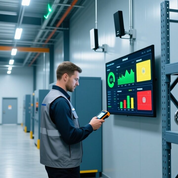 Professional warehouse scene showing RFID asset tracking: metal shelving with tagged equipment, handheld RFID scanner, and digital dashboard display