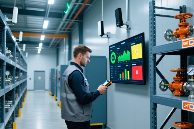 Professional warehouse scene showing RFID asset tracking: metal shelving with tagged equipment, handheld RFID scanner, and digital dashboard display