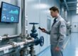 Professional industrial setting showing RFID tags on metal pipes, handheld scanner in use, and digital dashboard displaying real-time asset data