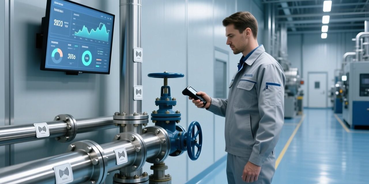 Professional industrial setting showing RFID tags on metal pipes, handheld scanner in use, and digital dashboard displaying real-time asset data