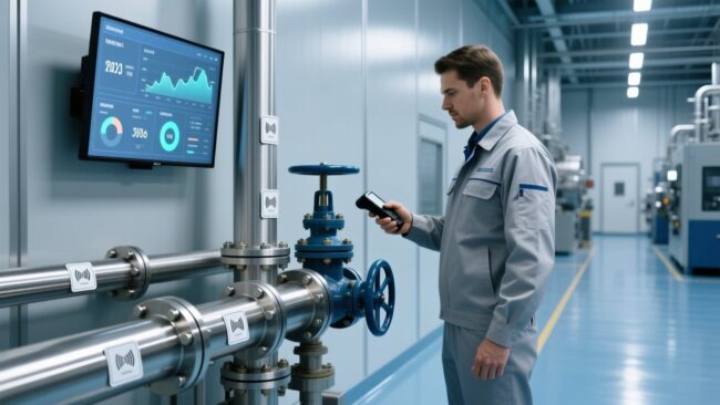 Professional industrial setting showing RFID tags on metal pipes, handheld scanner in use, and digital dashboard displaying real-time asset data