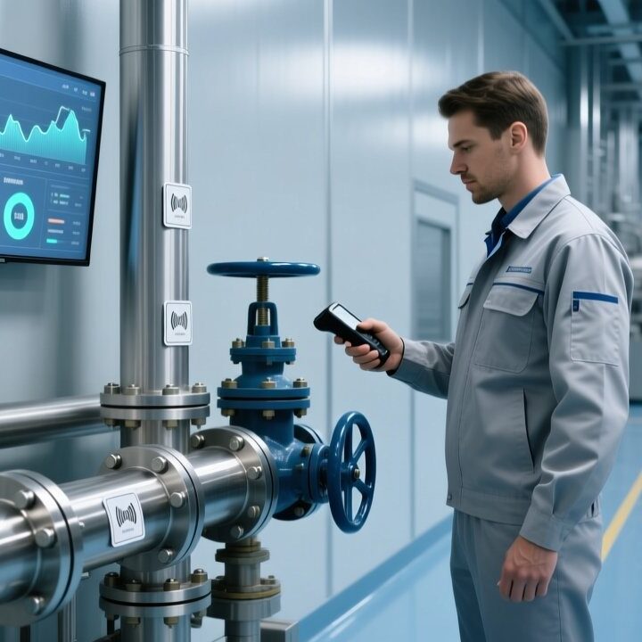 Professional industrial setting showing RFID tags on metal pipes, handheld scanner in use, and digital dashboard displaying real-time asset data