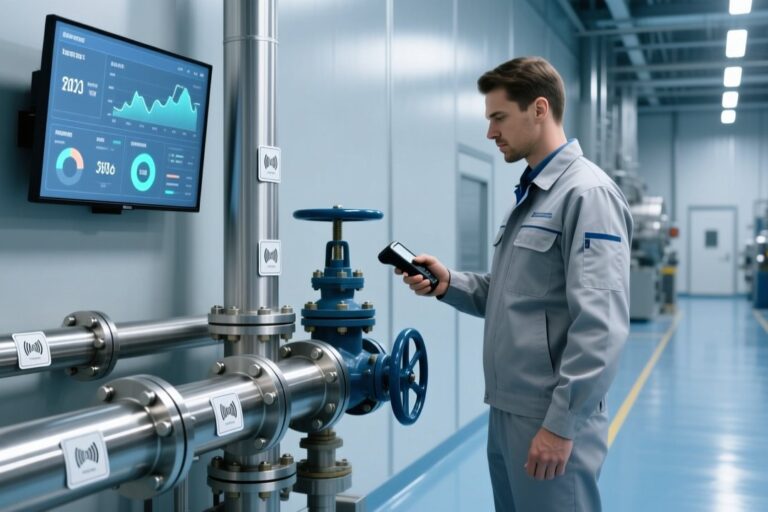 Professional industrial setting showing RFID tags on metal pipes, handheld scanner in use, and digital dashboard displaying real-time asset data