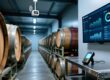 Professional industrial scene showing RFID-enabled wine barrel tracking in a modern winery warehouse with metal shelving, UHF reader antenna, and tagged oak barrels