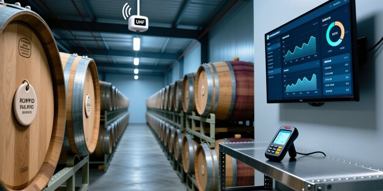 Professional industrial scene showing RFID-enabled wine barrel tracking in a modern winery warehouse with metal shelving, UHF reader antenna, and tagged oak barrels