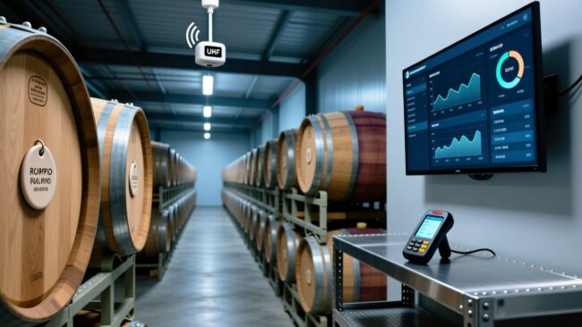 Professional industrial scene showing RFID-enabled wine barrel tracking in a modern winery warehouse with metal shelving, UHF reader antenna, and tagged oak barrels