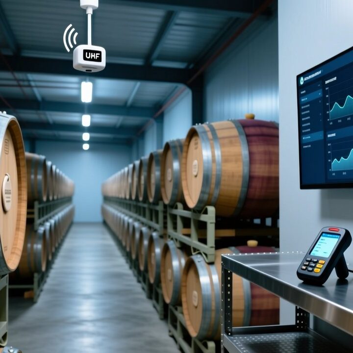 Professional industrial scene showing RFID-enabled wine barrel tracking in a modern winery warehouse with metal shelving, UHF reader antenna, and tagged oak barrels