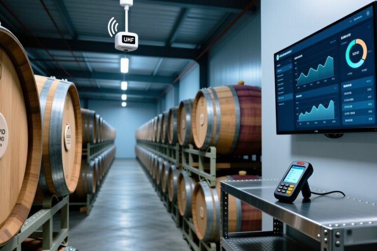Professional industrial scene showing RFID-enabled wine barrel tracking in a modern winery warehouse with metal shelving, UHF reader antenna, and tagged oak barrels