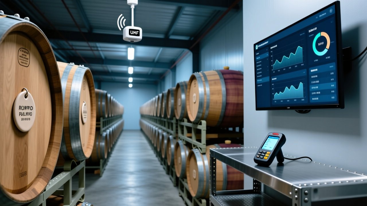 Professional industrial scene showing RFID-enabled wine barrel tracking in a modern winery warehouse with metal shelving, UHF reader antenna, and tagged oak barrels