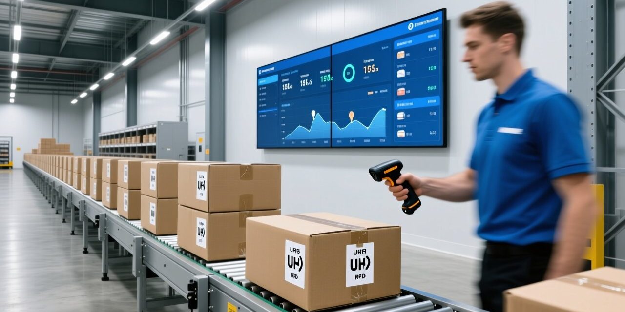 Walmart RFID 2026 compliance guide with UHF RFID tags on retail products in a warehouse
