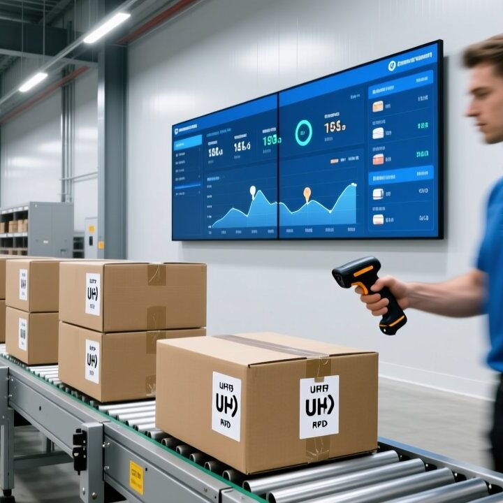 Walmart RFID 2026 compliance guide with UHF RFID tags on retail products in a warehouse