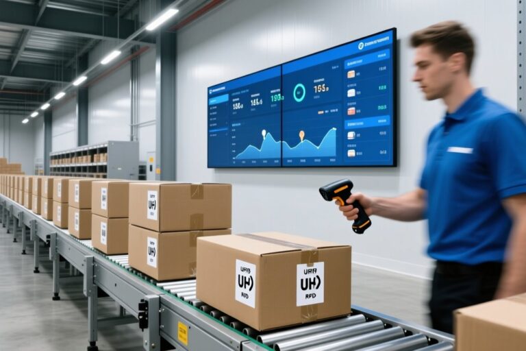 Walmart RFID 2026 compliance guide with UHF RFID tags on retail products in a warehouse