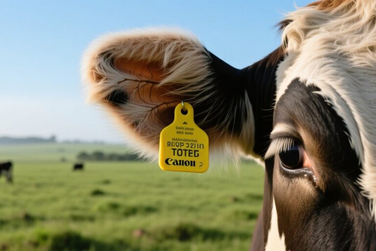 RFID ear tag on a cow for MAPA certification and beef export traceability in Brazil
