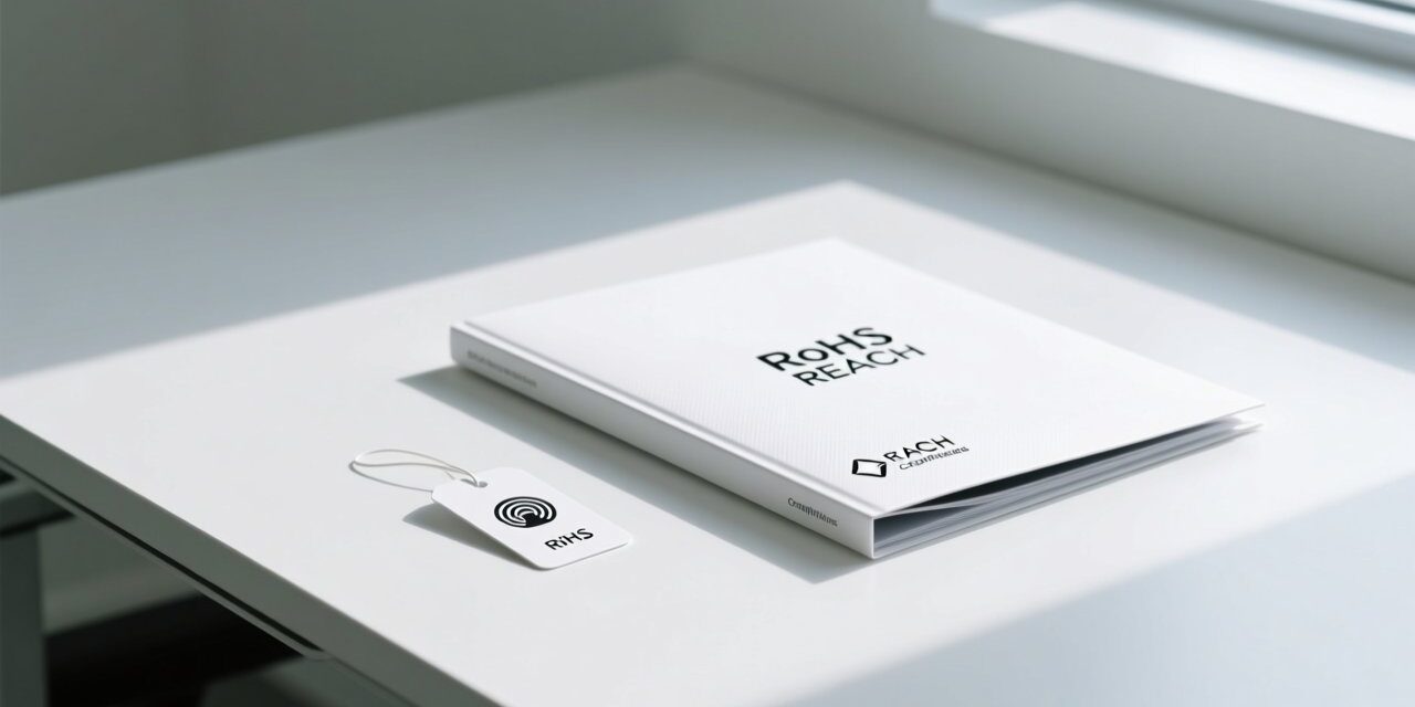 Paper-based RFID tag on a clean white desk next to a printed EU compliance document, symbolizing green electronics import compliance