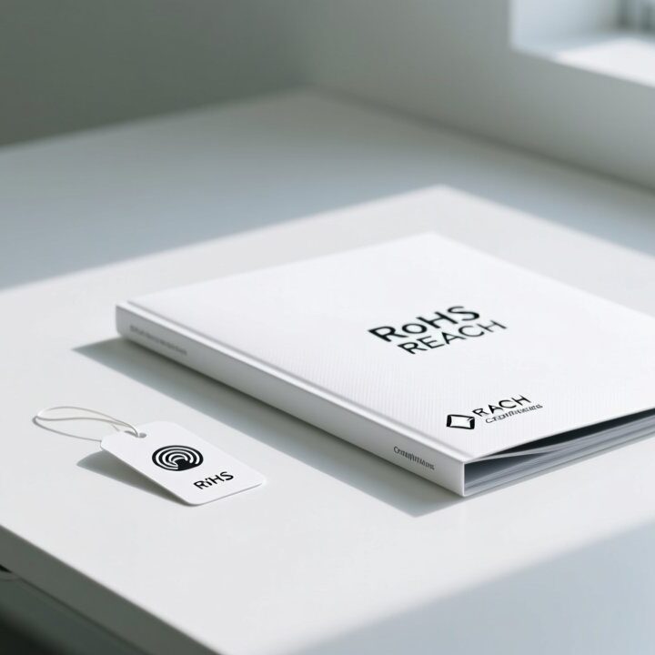 Paper-based RFID tag on a clean white desk next to a printed EU compliance document, symbolizing green electronics import compliance