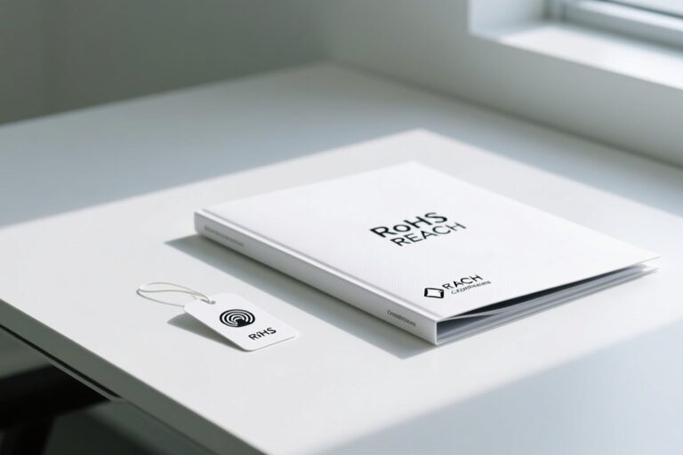 Paper-based RFID tag on a clean white desk next to a printed EU compliance document, symbolizing green electronics import compliance
