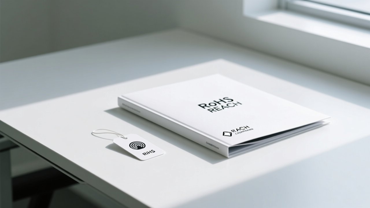 Paper-based RFID tag on a clean white desk next to a printed EU compliance document, symbolizing green electronics import compliance