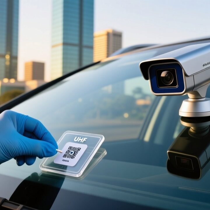 UHF windshield RFID tag for Kenya NTSA vehicle registration with Nairobi cityscape and traffic reader