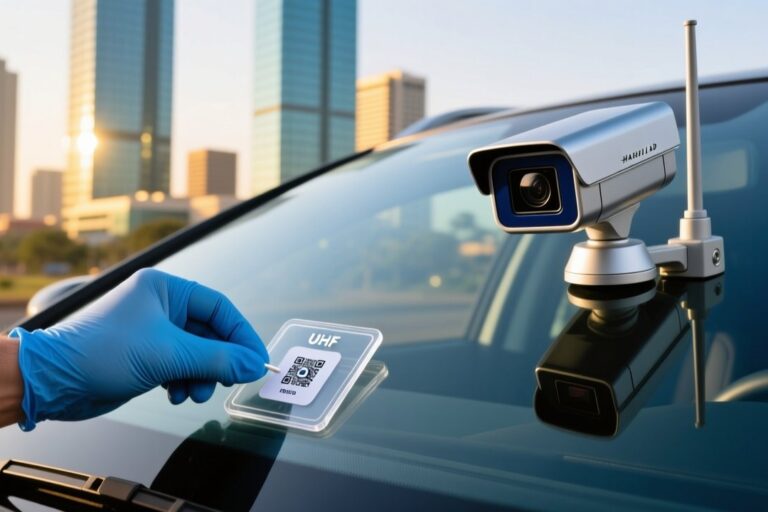 UHF windshield RFID tag for Kenya NTSA vehicle registration with Nairobi cityscape and traffic reader