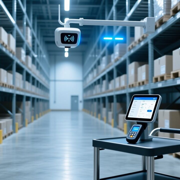 UHF vs HF warehouse RFID technology comparison with industrial scanner and tagged boxes