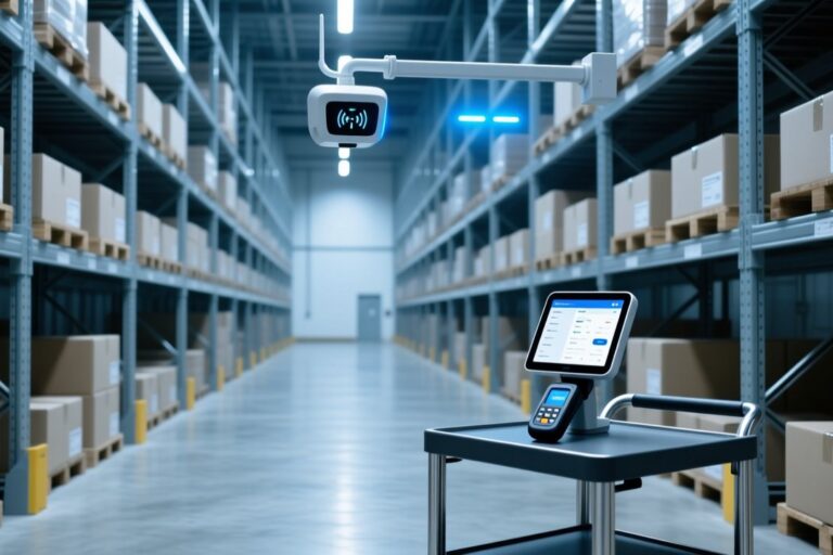 UHF vs HF warehouse RFID technology comparison with industrial scanner and tagged boxes