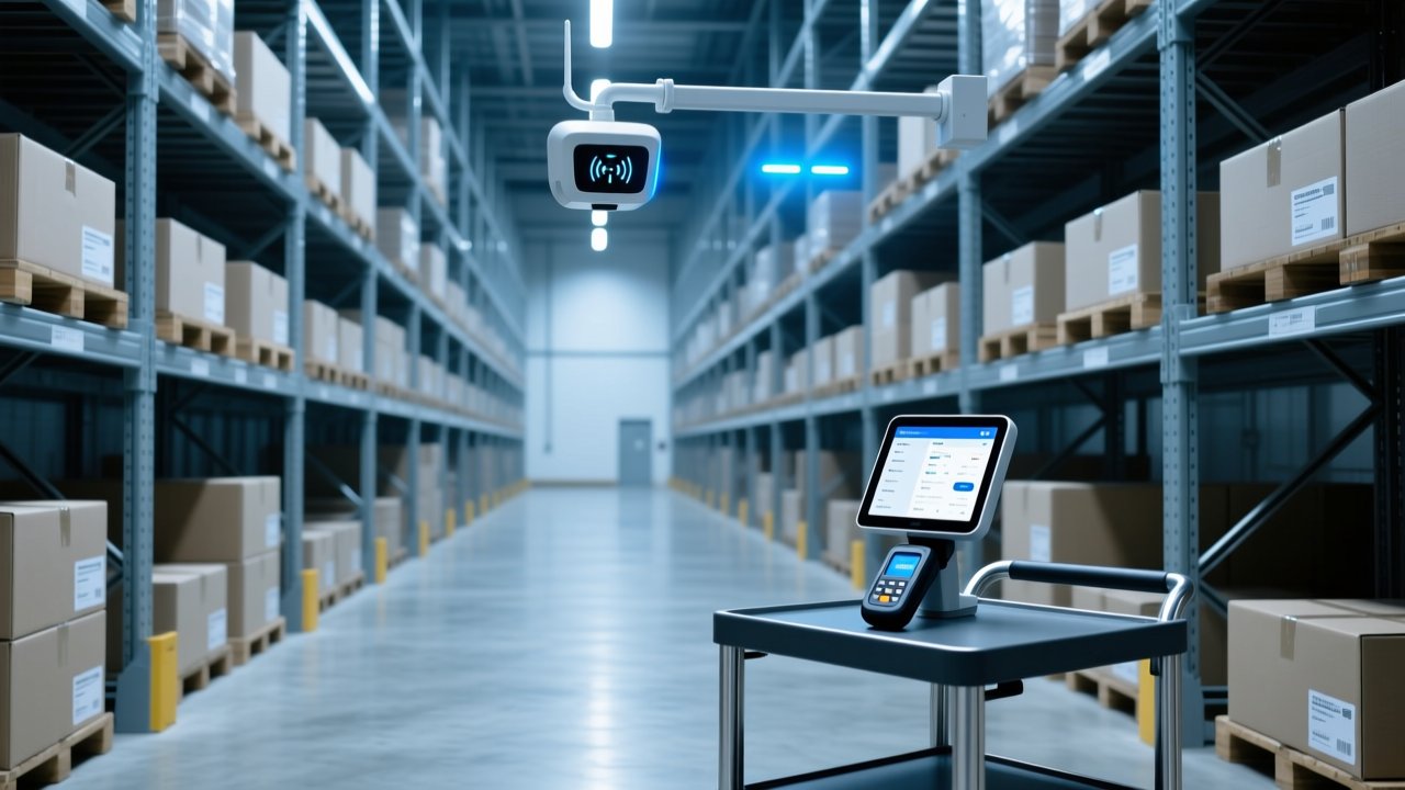 UHF vs HF warehouse RFID technology comparison with industrial scanner and tagged boxes