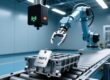 UHF RFID anti-metal tag on automotive engine block with industrial reader and antenna in smart factory production line