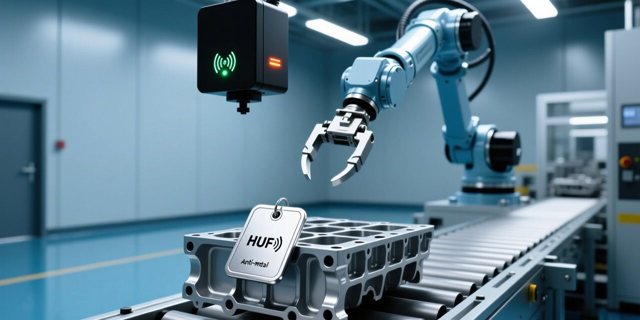 UHF RFID anti-metal tag on automotive engine block with industrial reader and antenna in smart factory production line