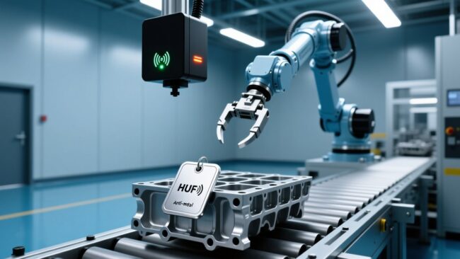 UHF RFID anti-metal tag on automotive engine block with industrial reader and antenna in smart factory production line