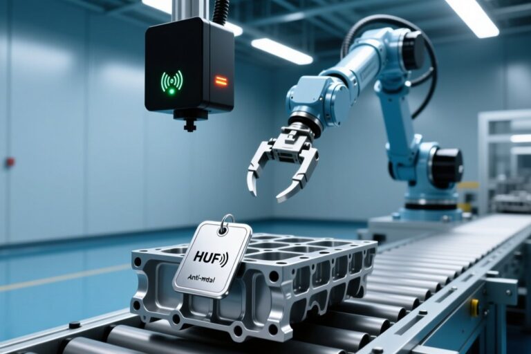 UHF RFID anti-metal tag on automotive engine block with industrial reader and antenna in smart factory production line